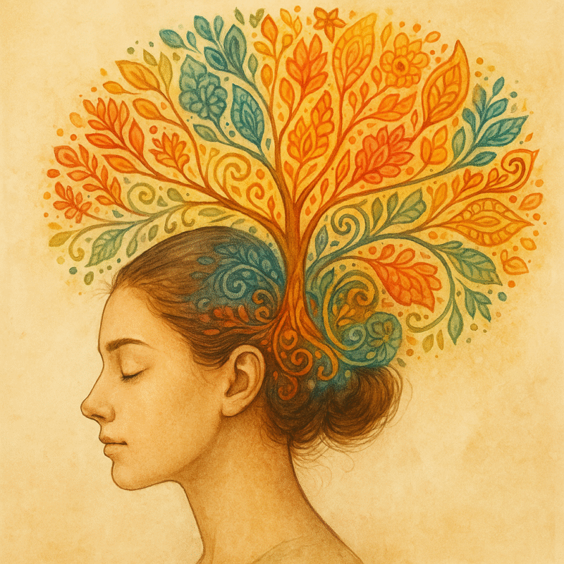 Ilustración de una mujer con un árbol que representa la conexión entre mente y energía.