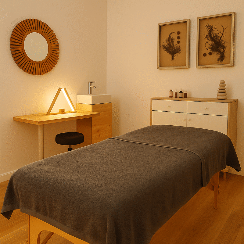 Sala de masajes en Castelldefels con camilla preparada, escritorio con lámpara triangular, grifo y decoración natural en la consulta de Joan Jiménez